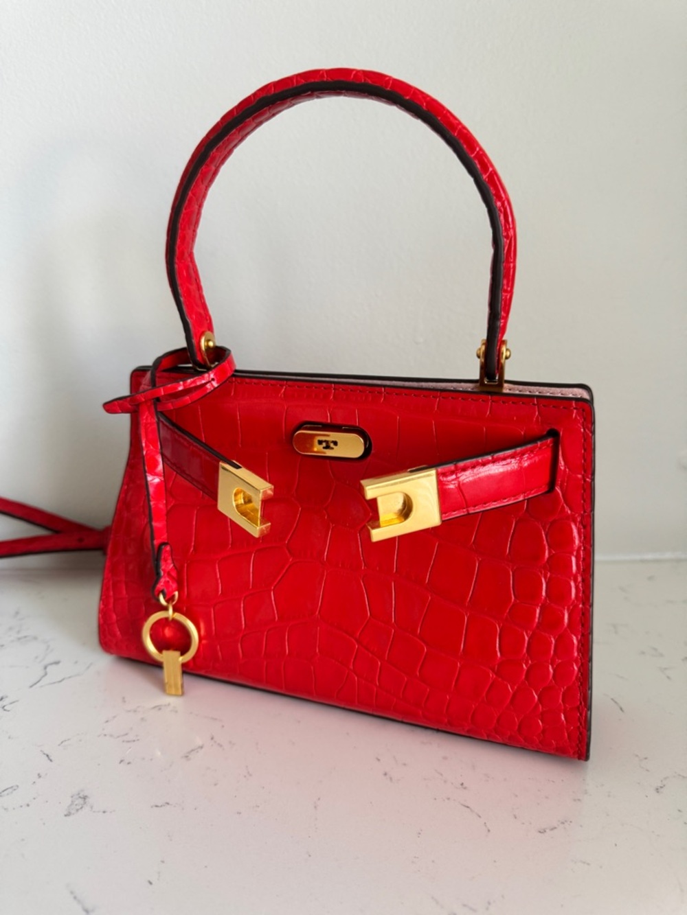 Tory Burch MINI LEE RADZIWILL CROC-EMBOSSED TOP-HANDLE BAG gold hardware